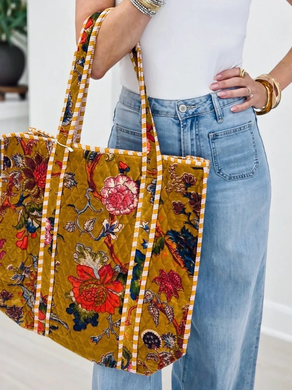 POL Mustard Floral Quilted Tote Bag
